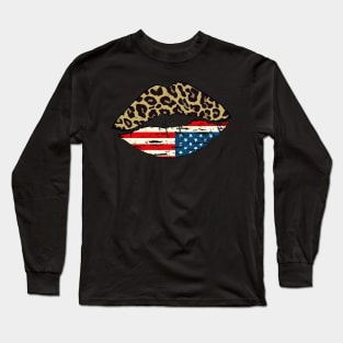 Leopard Patriotic Kiss,4th of July,American flag lips, Cheetah Pattern & American Kiss Long Sleeve T-Shirt